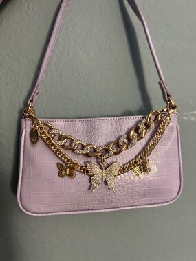 Aldo Lilac Croc-Embossed Shoulder Bag with Gold Butterfly Chains